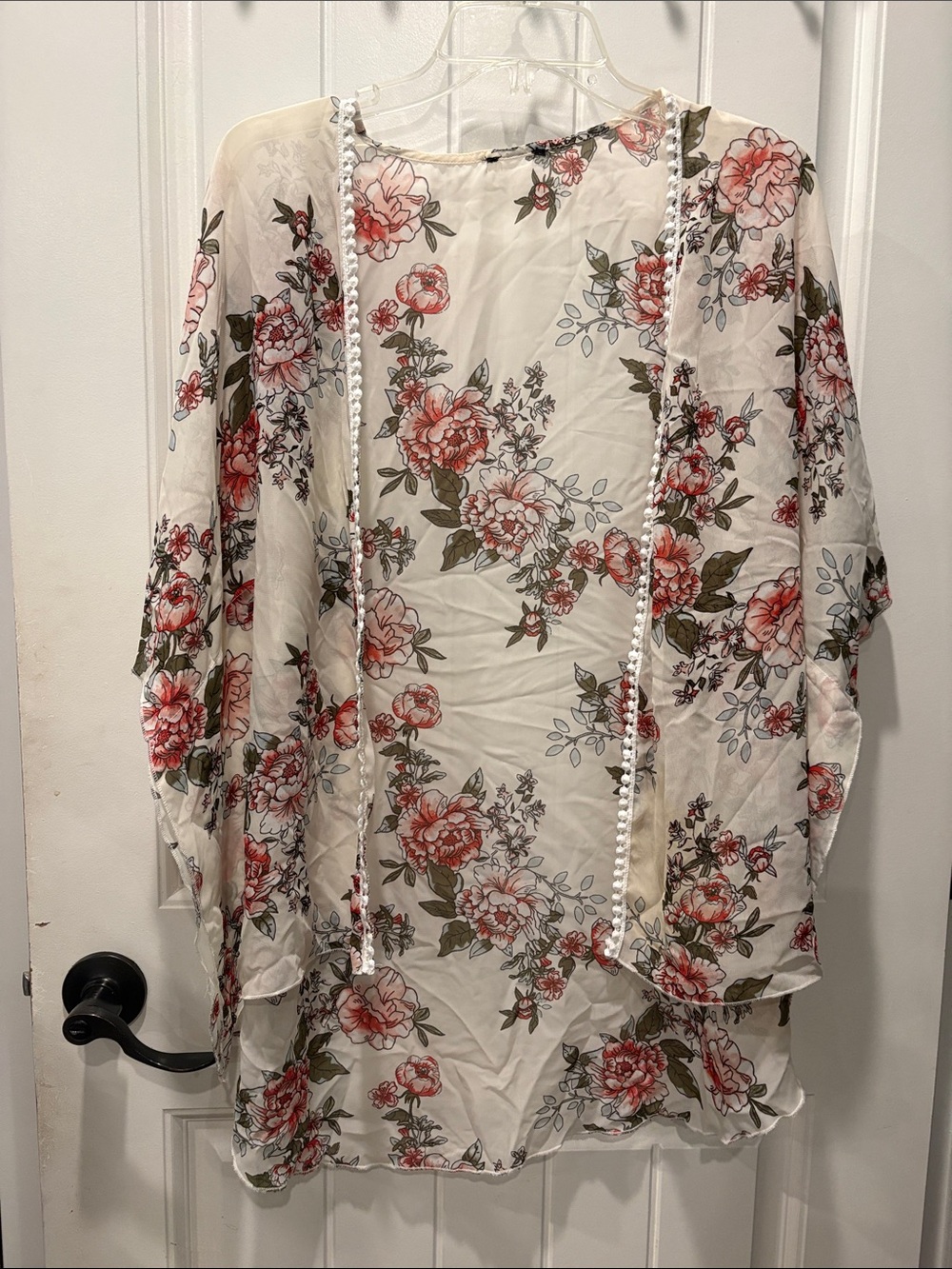 cream open-front floral kimono duster bohemian-style layering piece medium